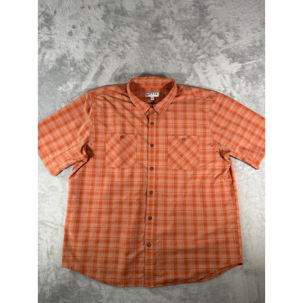 Orvis Shirt Mens 2XL Orange Plaid Tech Button Up Short Sleeve Fishing Hiking